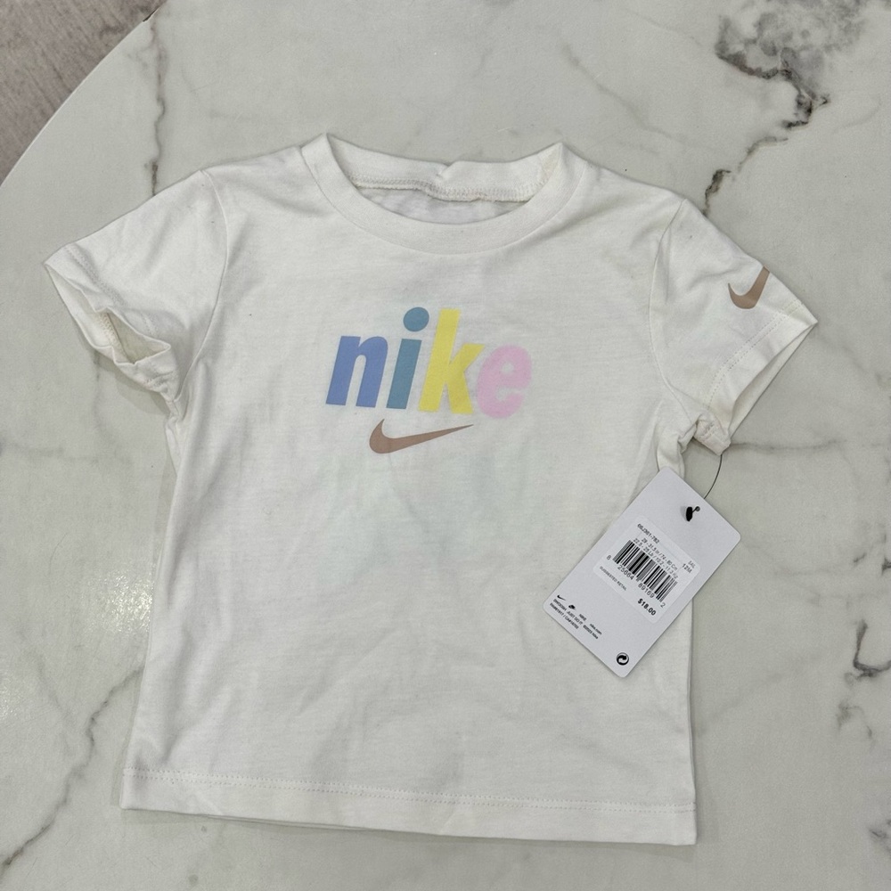 Nike White Tee with Pastel Multicolor Logo